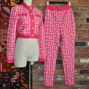 2 Pc Pink Barbiecore Bodycon Stretch High Waisted Pant Suit Cropped Jacket M-L